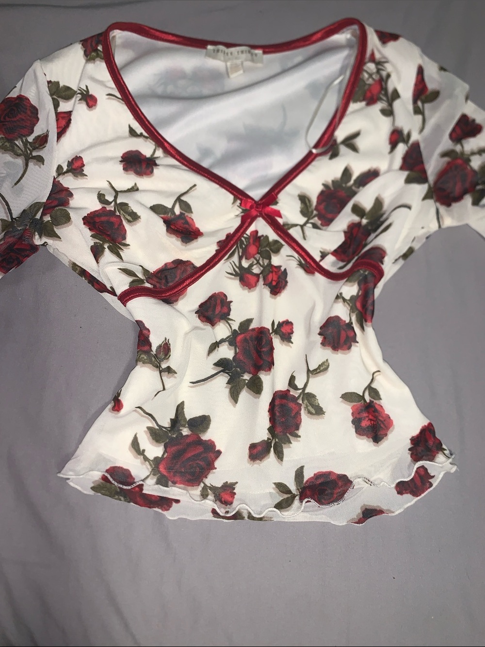 Floral Red Rose Mesh Blouse - Women's Long Sleeve Top